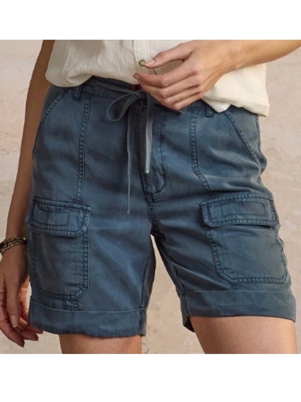 NEW Sundance Catalog Women Desert Cargo Utility Shorts Tencel Washed Blue 10P
